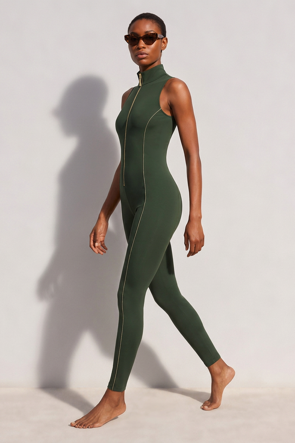 Apex Jumpsuit in khaki, back view