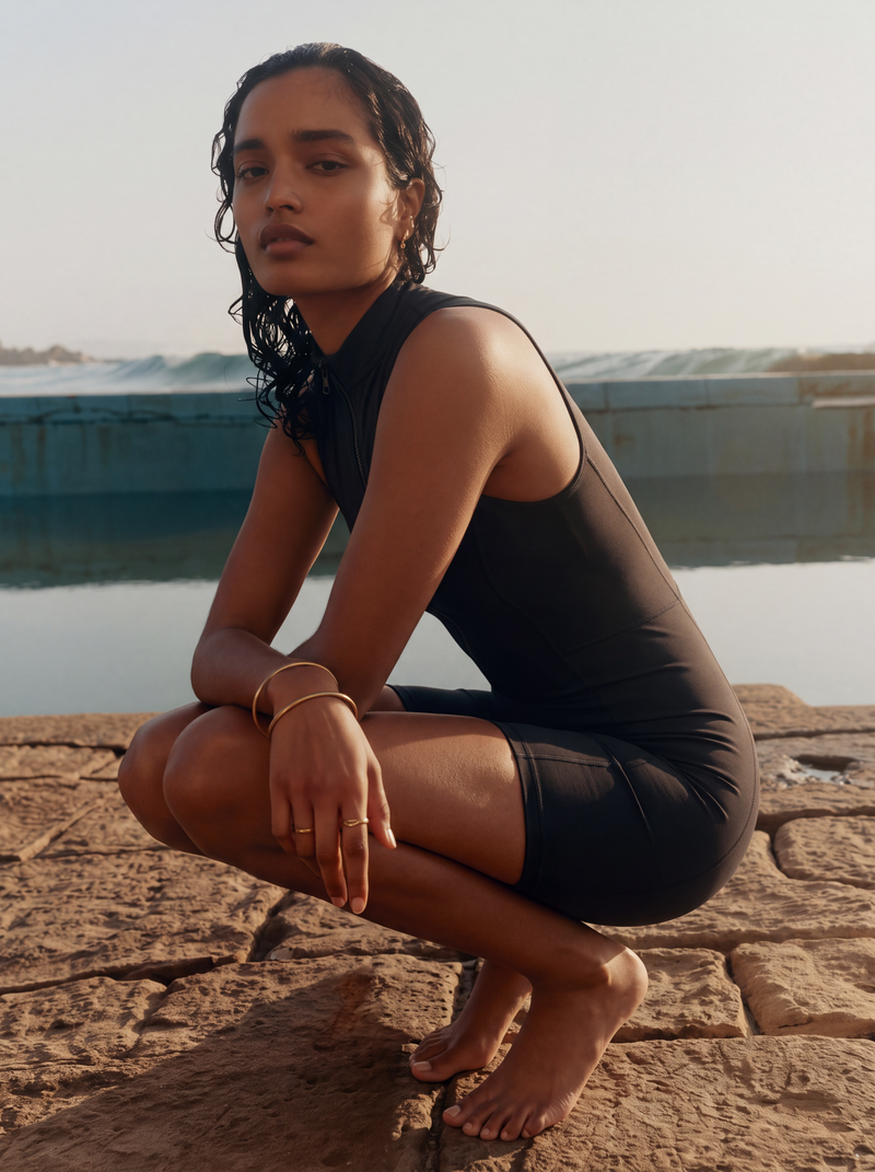 Apex Romper worn by the sea on warm sandstone