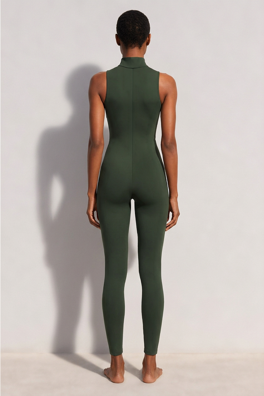 Apex Jumpsuit in khaki, high neck and gold zip