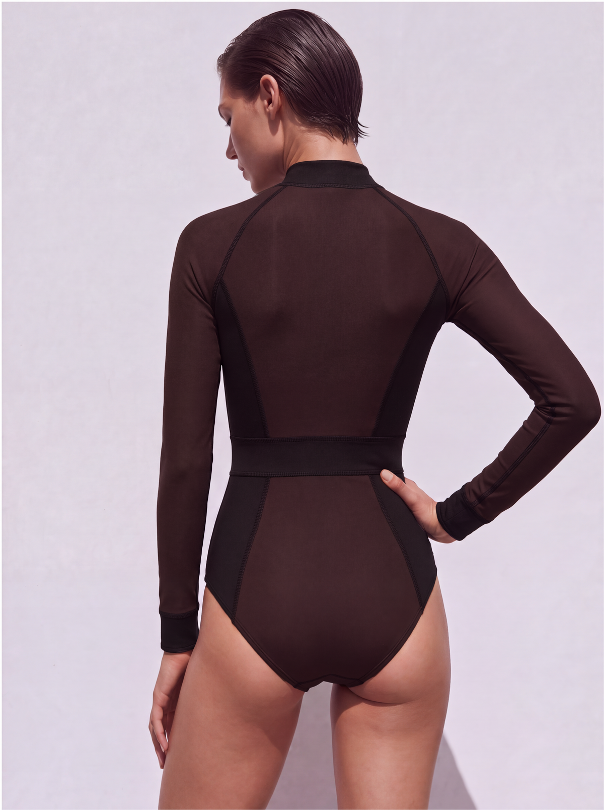 Meridian Surf Suit in espresso, back view showing the black waistband
