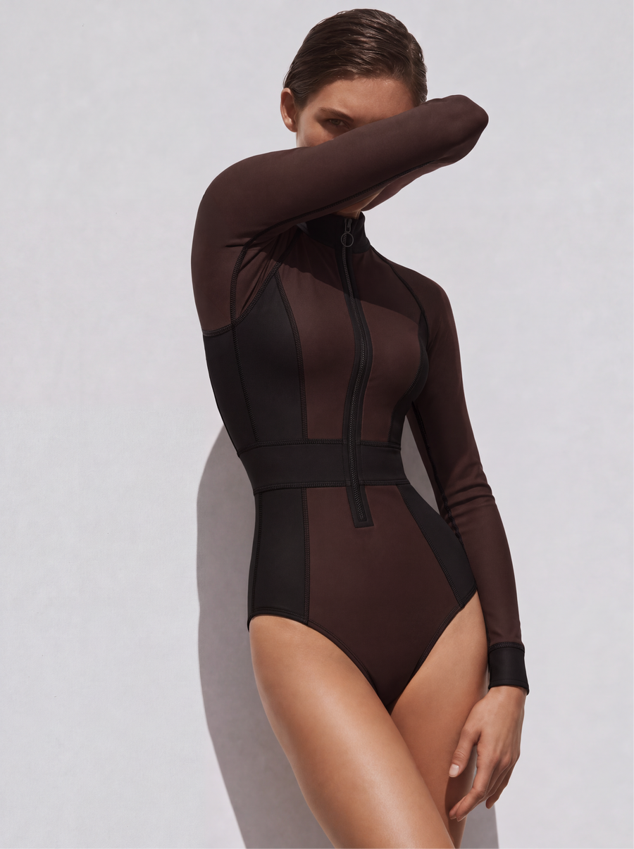 Meridian Surf Suit in espresso with black panels, front view